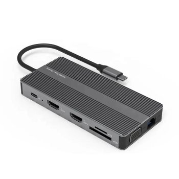 Extra Digital USB-C 12-in-1 šakotuvas (2x HDMI, VGA, LAN, SD, PD 100W), pilkas
