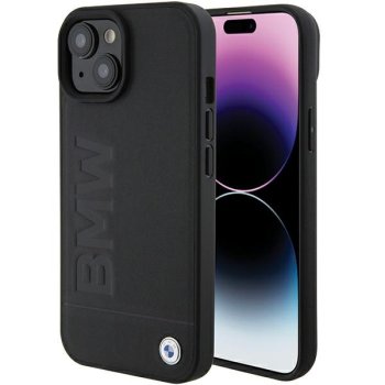 BMW dėklas iPhone 15 Plus telefonui Leather Hot Stamp MagSafe, juodas