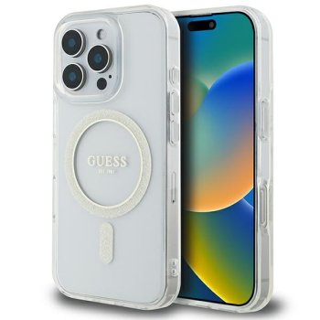 Guess iPhone 16 Pro Max dėklas IML Glitter Circle MagSafe, skaidrus