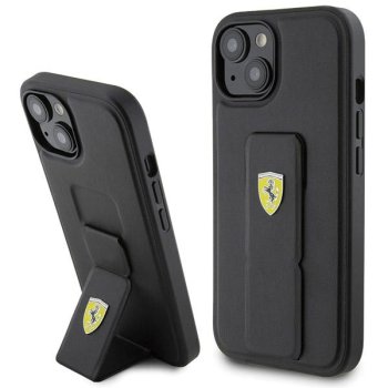 Ferrari dėklas iPhone 15 telefonui su Grip Stand Metal Logo, juodas