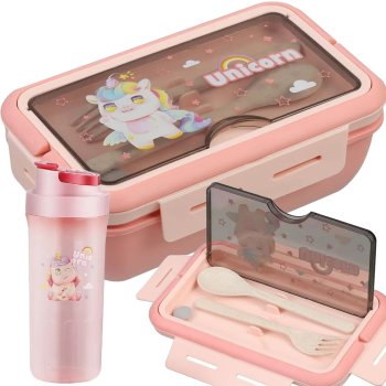 Kids Lunchbox and Water Bottle Set with Cutlery, Pink