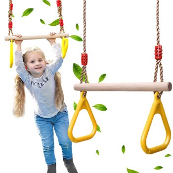 Wooden Garden Swing for Kids with Gymnastic Trapeze and Handles, Yellow