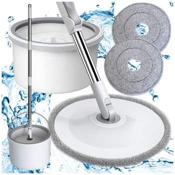 Spin Mop and Bucket Set with Dual Chamber and 2 Microfiber Pads, White