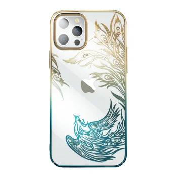 Kingxbar Phoenix dėklas iPhone 14 Plus su kristalais, auksinis ir mėlynas
