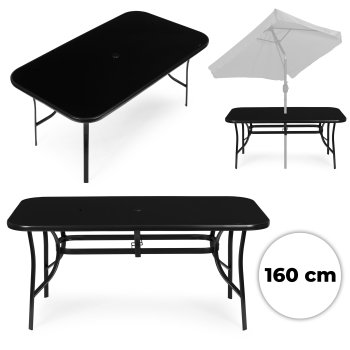 MultiGarden lauko stalas 160x90 cm su grūdintu stiklu ir anga skėčiui, juodas