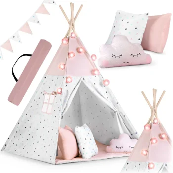 Vaikiška Tipi palapinė su šviesos girlianda Nukido, rožinė