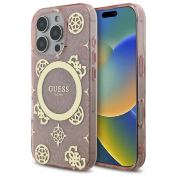 Guess dėklas iPhone 16 Pro su MagSafe, IML Peony On 4G Background, rožinis