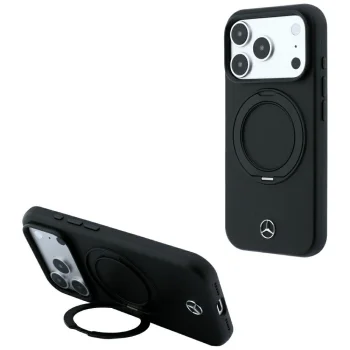 Mercedes Leather with Ring Stand MagSafe dėklas skirtas iPhone 18 Pro Max / 17 Pro Max, juodas