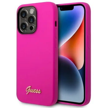 Guess Silicone Vintage Gold Logo dėklas iPhone 14 Pro Max, fuksijų spalvos