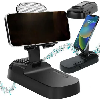 Teleskopinis telefono stovas su Bluetooth garsiakalbiu ir išorine baterija, juodas