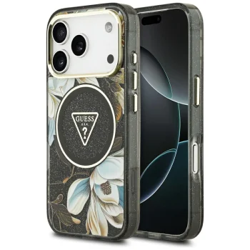 Dėklas Guess IML Glitter Flowers Triangle MagSafe iPhone 17 Pro / 18 Pro, juodas