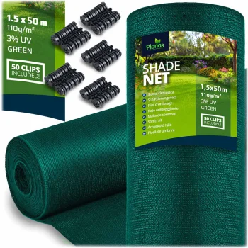 Plonos Shade Cloth 1.5x50m 110 g/m² Fence Privacy Screen + 50 Clips, Green