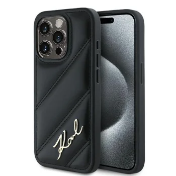 Karl Lagerfeld dėklas iPhone 15 Pro Max telefonui Diagonal Quilted Script, juodas