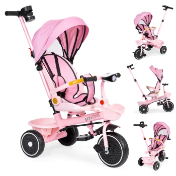 ECOTOYS 2-in-1 triratukas-vežimėlis su 360° sukamąja kėde, rožinis