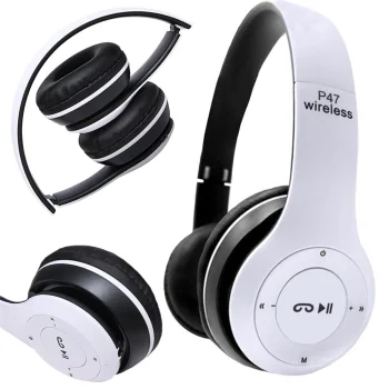 Belaidės ausinės P47 su Bluetooth, mikrofonu ir FM radiju, baltos