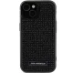 Karl Lagerfeld dėklas iPhone 15 telefonui Rhinestone Logo Metal Plate, juodas