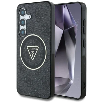 Guess 4G Glitter Triangle Buttons MagSafe dėklas Samsung Galaxy S25, juodas