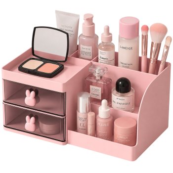 Pink Desk Organizer with Drawers for Cosmetics and Stationery