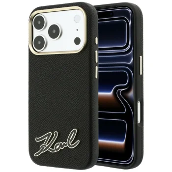 Karl Lagerfeld Grained Resin Signature Logo MagSafe dėklas skirtas iPhone 18 Pro Max / 17 Pro Max, juodas