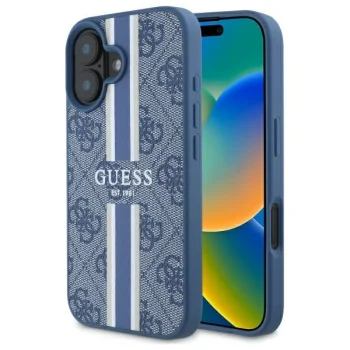 Guess iPhone 16 dėklas 4G Printed Stripes MagSafe, mėlynas
