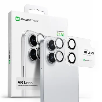 AmazingThing iPhone 17 kameros stiklas su sidabriniu aliuminio rėmeliu