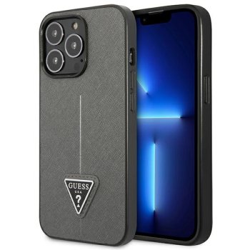 Guess Saffiano Triangle Logo Case for iPhone 14 Pro Max - Silver