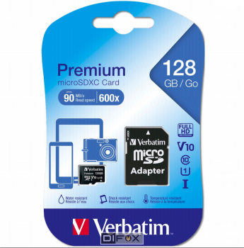 Verbatim microSDXC 128GB Class 10 UHS-I atminties kortelė su adapteriu, 44085