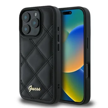 Guess dėklas iPhone 16 Pro telefonui Quilted Metal Logo, juodas