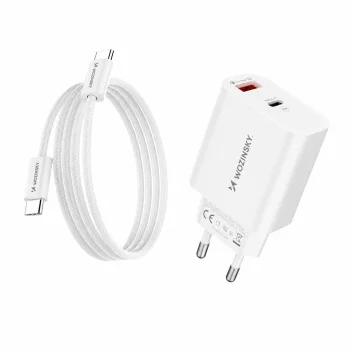 Sieninis įkroviklis Wozinsky WLS-20W, 20 W, USB-A ir USB-C, su 1 m USB-C laidu, baltas