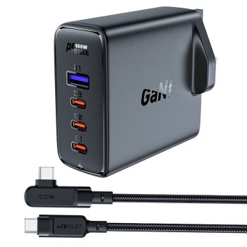 Acefast GaN 100W tinklo įkroviklis su UK kištuku, 3x USB-C, 1x USB-A, juodas