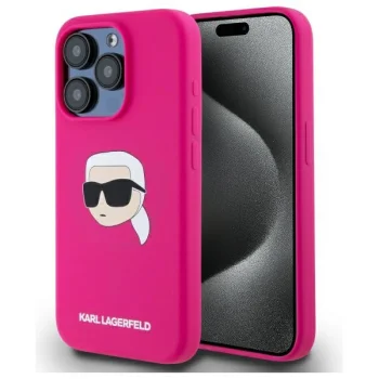 Karl Lagerfeld Silicone Karl Head Print MagSafe Case for iPhone 15 Pro, Fuchsia