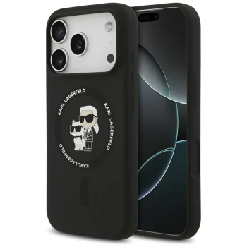 Karl Lagerfeld dėklas iPhone 17 Pro telefonui Silicone Karl & Choupette MagSafe, juodas