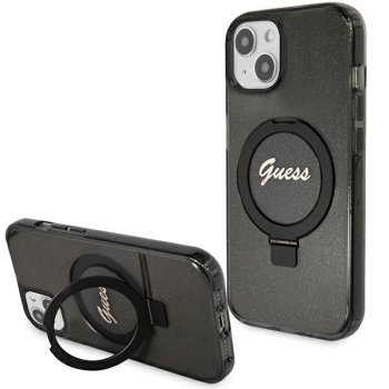Guess iPhone 15 Plus / 14 Plus Case Ring Stand Script Glitter MagSafe, Black