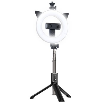 LED Selfie Ring Desktop Light Flash Tripod with Phone Holder and Bluetooth Remote Control (P40D-3), Black