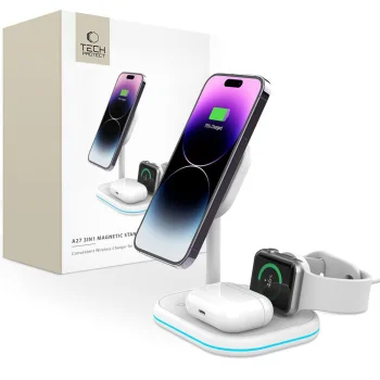 Belaidis įkroviklis Tech-Protect QI15W-A27 3-in-1 su MagSafe stoveliu, baltas