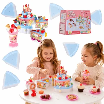 Pretend Play Birthday Cake with Hook-and-Loop, Light & Sound, 117 Pcs, Blue
