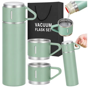 Stainless Steel Thermos Flask 400ml with 3 Cups for Coffee and Tea, Green