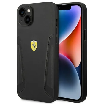 Ferrari dėklas iPhone 14 Plus telefonui „Leather Stamp Sides“, juodas