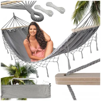 Garden and Camping Hammock Boho with Fringes, 200x100 cm, Grey