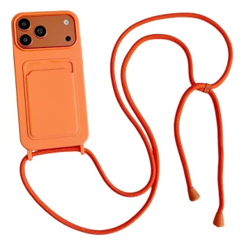 Silikoninis dėklas iPhone 17 Pro / 18 Pro su kišenėle kortelei ir dirželiu, oranžinis