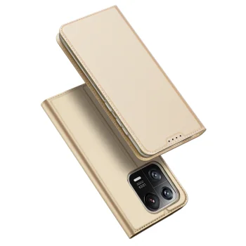 Atverčiamasis dėklas Dux Ducis Skin Pro telefonui Xiaomi 13 Pro su stovu ir kortelių kišene, auksinis