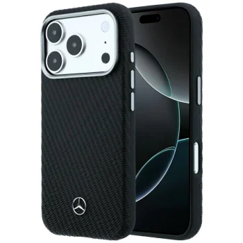 Mercedes Leather Semi Wrap Wood Effect MagSafe dėklas iPhone 17 Pro / 18 Pro, juodas