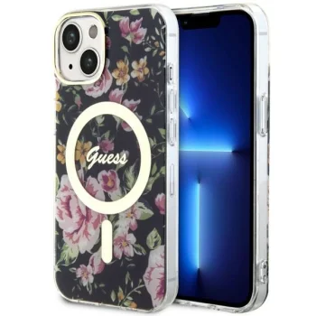 Guess dėklas iPhone 14 Plus telefonui Flower MagSafe, juodas