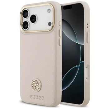 Guess Grained Strass Logo MagSafe dėklas iPhone 17 Pro Max, rožinis