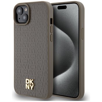 DKNY Leather Monogram MagSafe dėklas, skirtas iPhone 15, rudas