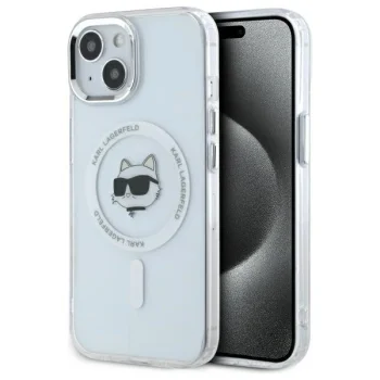 Karl Lagerfeld IML Metal Choupette Head MagSafe dėklas iPhone 15, baltas