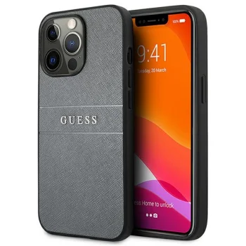 Guess Saffiano Stripe dėklas, skirtas iPhone 13 / 13 Pro, pilkas