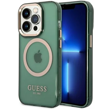 Guess iPhone 14 Pro Max dėklas Gold Outline Translucent MagSafe, žalias