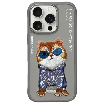 Nimmy Glasses Cool Cat dėklas, skirtas iPhone 16 Pro Max, pilkas
