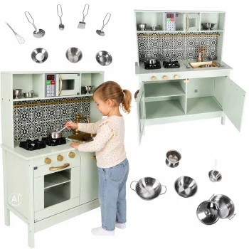 Kids Wooden Play Kitchen with Sound and Light Effects and Accessories, Mint